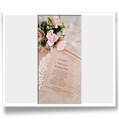 open view gate opening  laser cut pocket with blush pink inserted invitation
